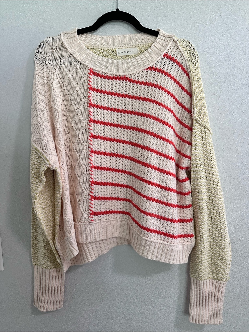 By Together Cream Sweater with Red Stripes and Pale Green Panels